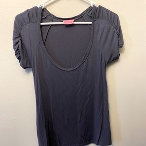 BCBG slate grey top, deep crew neck